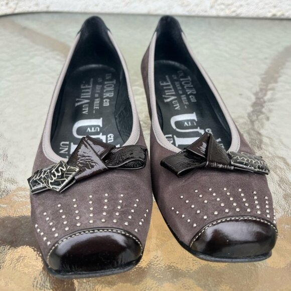 Un Tour En Ville Dark Grey Suede/Espresso Patent Leather Square Toe Slip On Shoe - Picture 3 of 14